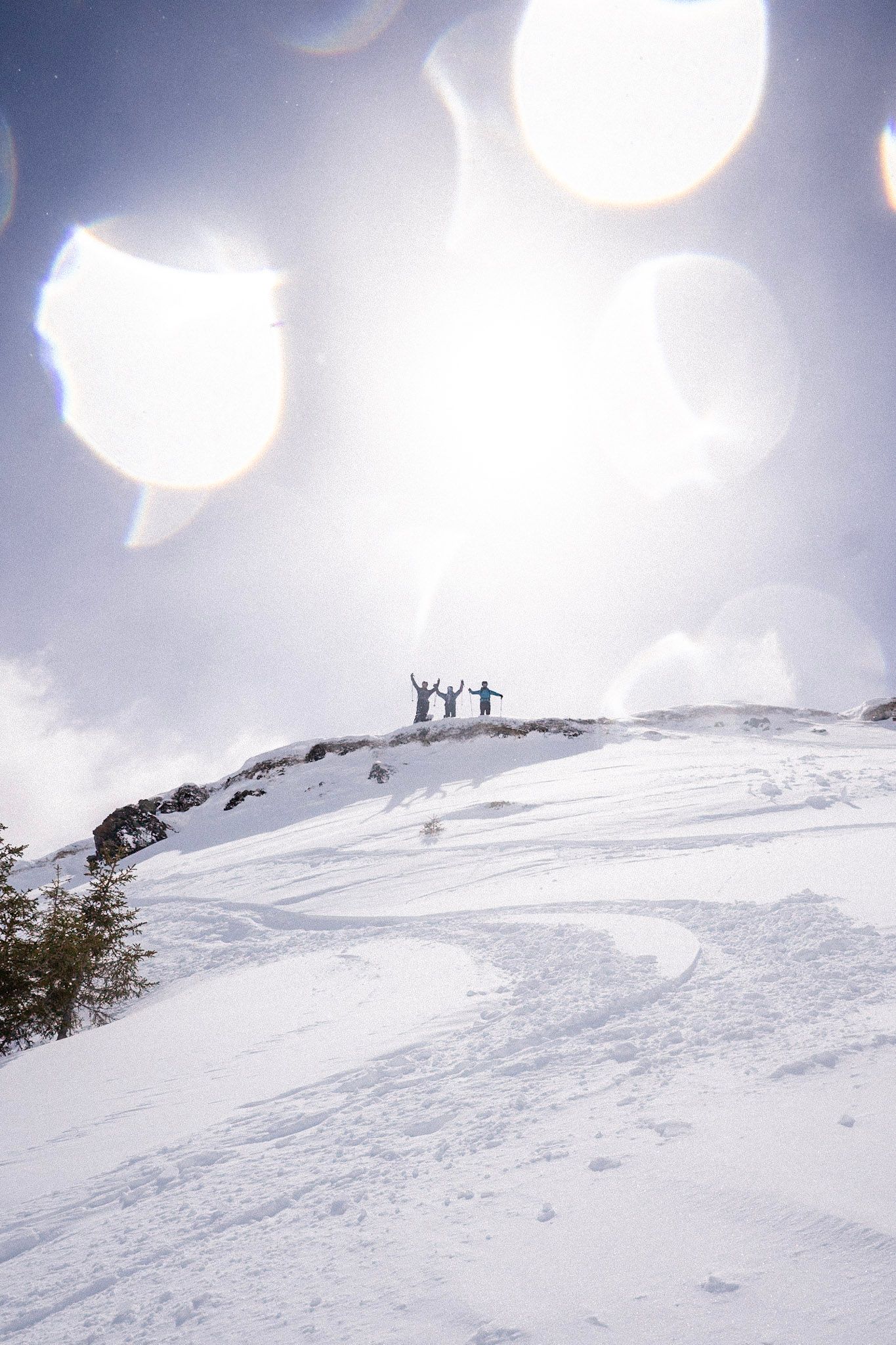 Gruppe von Freeridern steht im Gegenlicht auf einem verschneiten Gipfel